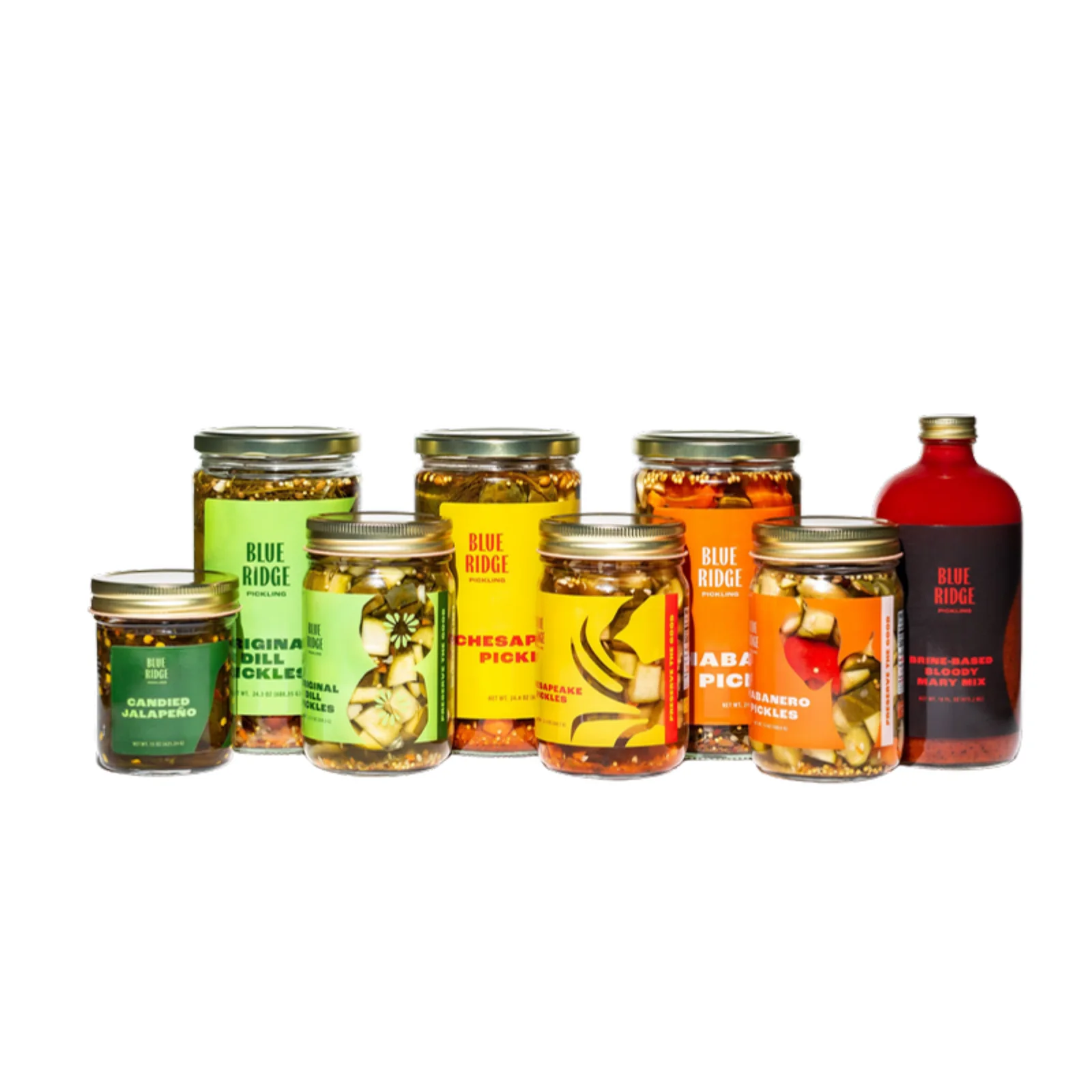 Lineup of Blue Ridge Pickling jars including Candied Jalapeño, Original Dill, Chesapeake and Habanero pickles next to a brine-based Bloody Mary mix
