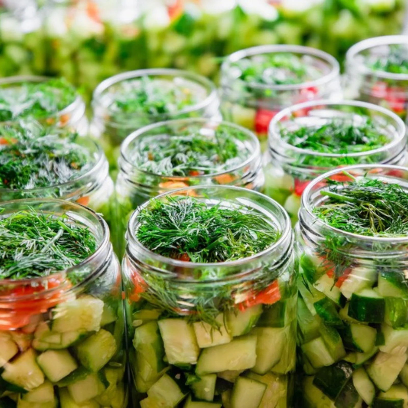 Rows of open glass jars packed with cut cucumbers, carrots and fresh dill ready for brining