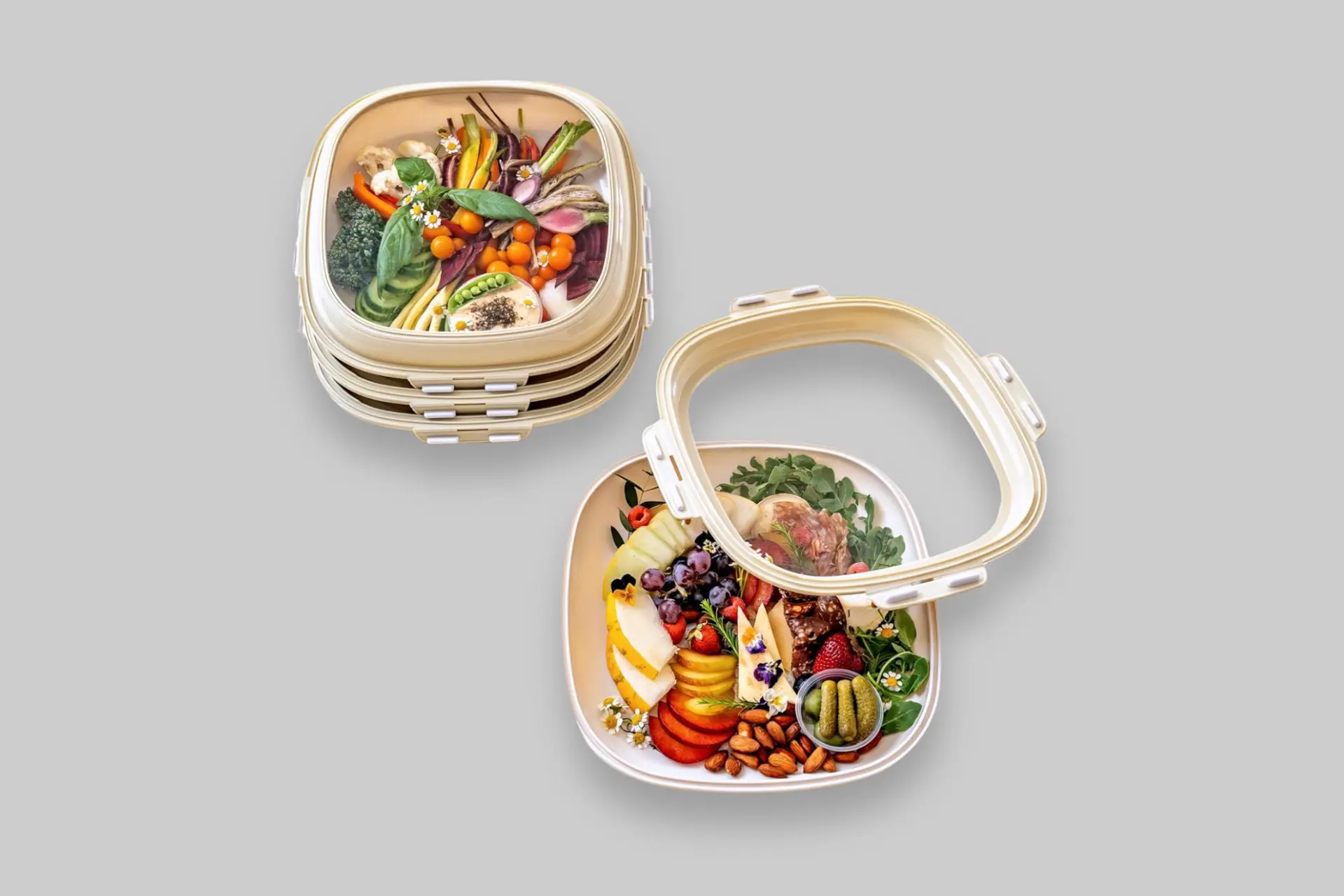 Stack of cream Crudités stretch-lid snack trays