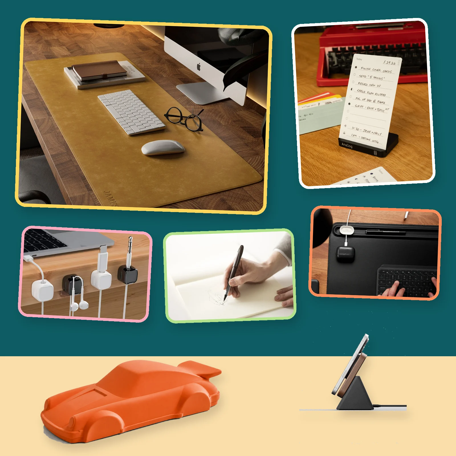 Collage of desk gifts including a mustard leather desk mat, Analog card stand, and concrete Porsche