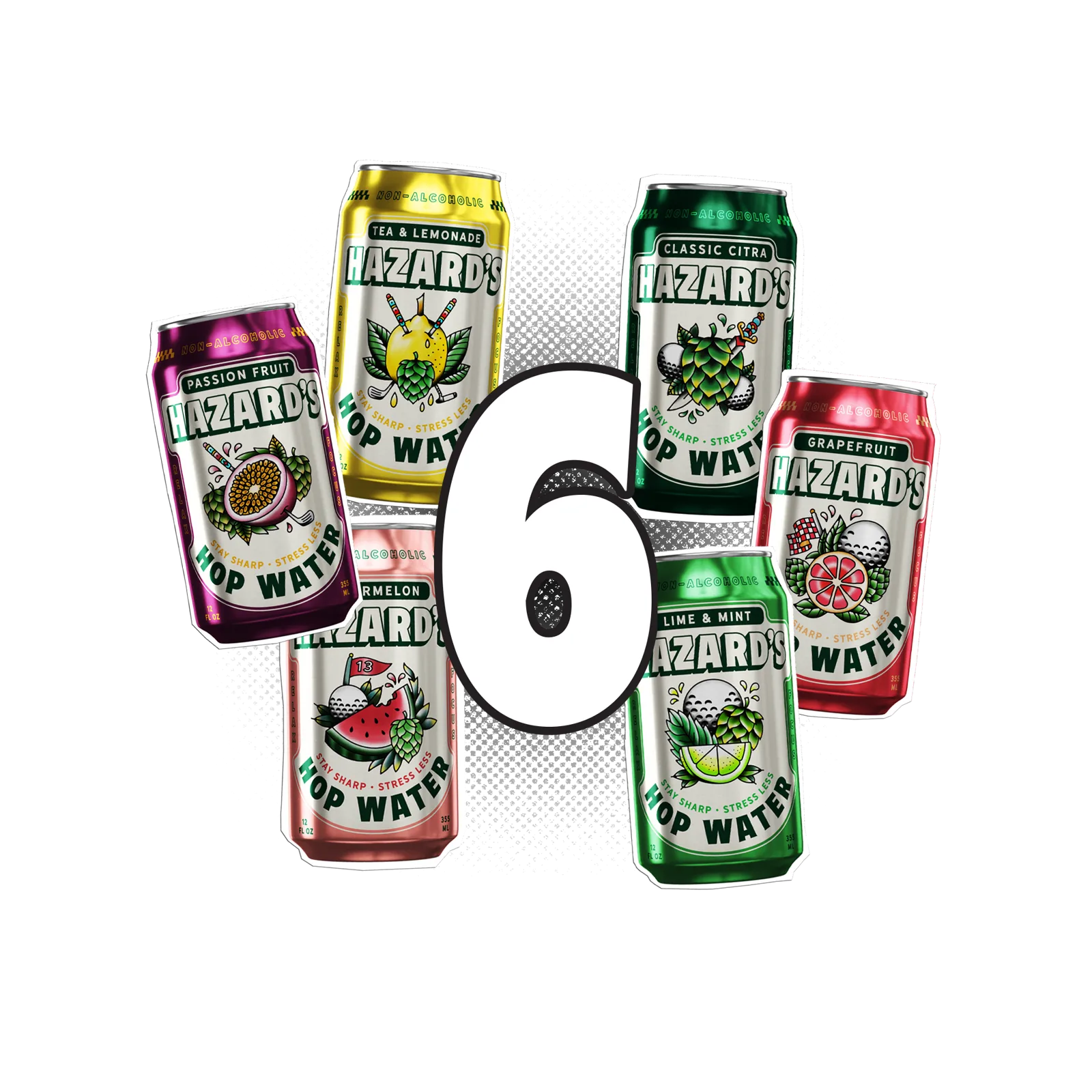 Six Hazard's Hop Water cans in the Mix of Six variety pack