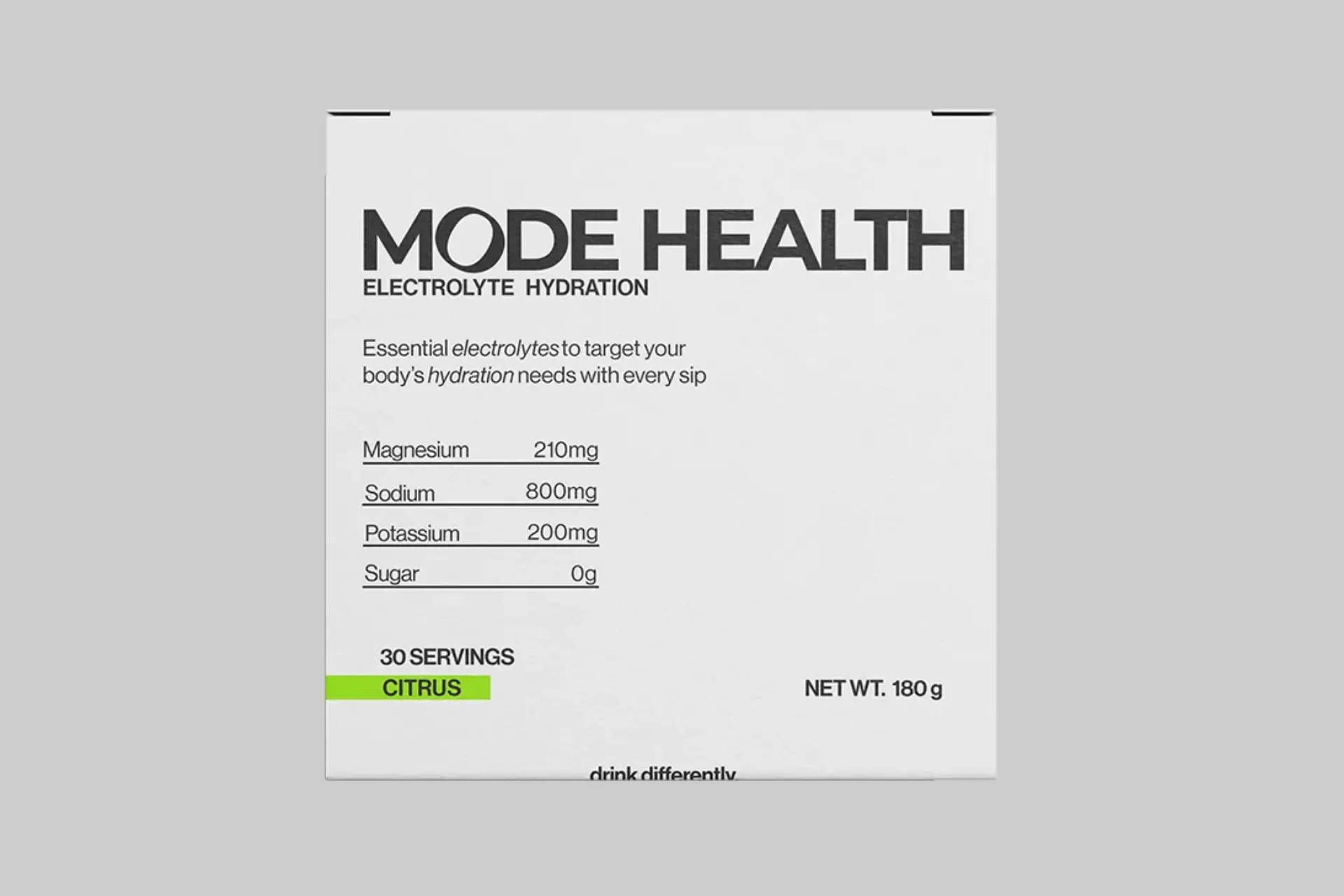 Mode Citrus Electrolyte Hydration Powder 30-pack box with a single stick packet, highlighting its focus and hydration benefits.