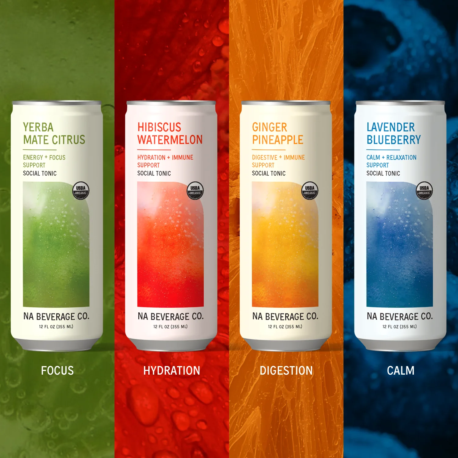 The NA Beverage Company cans in Yerba Mate Citrus, Hibiscus Watermelon, Ginger Pineapple, and Lavender Blueberry