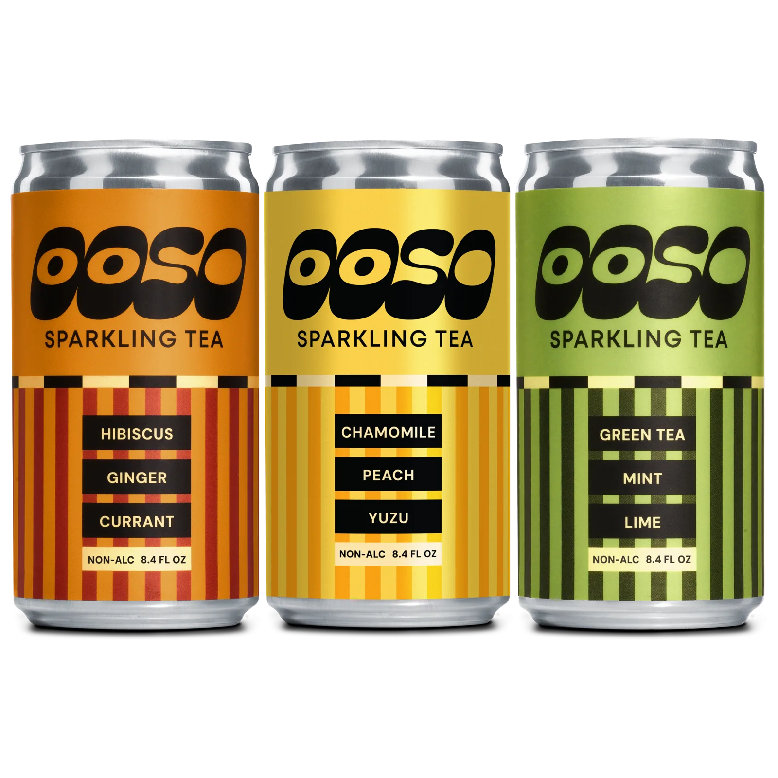 OOSO Sparkling Tea cans in Hibiscus Ginger Currant, Chamomile Peach Yuzu, and Green Tea Mint Lime