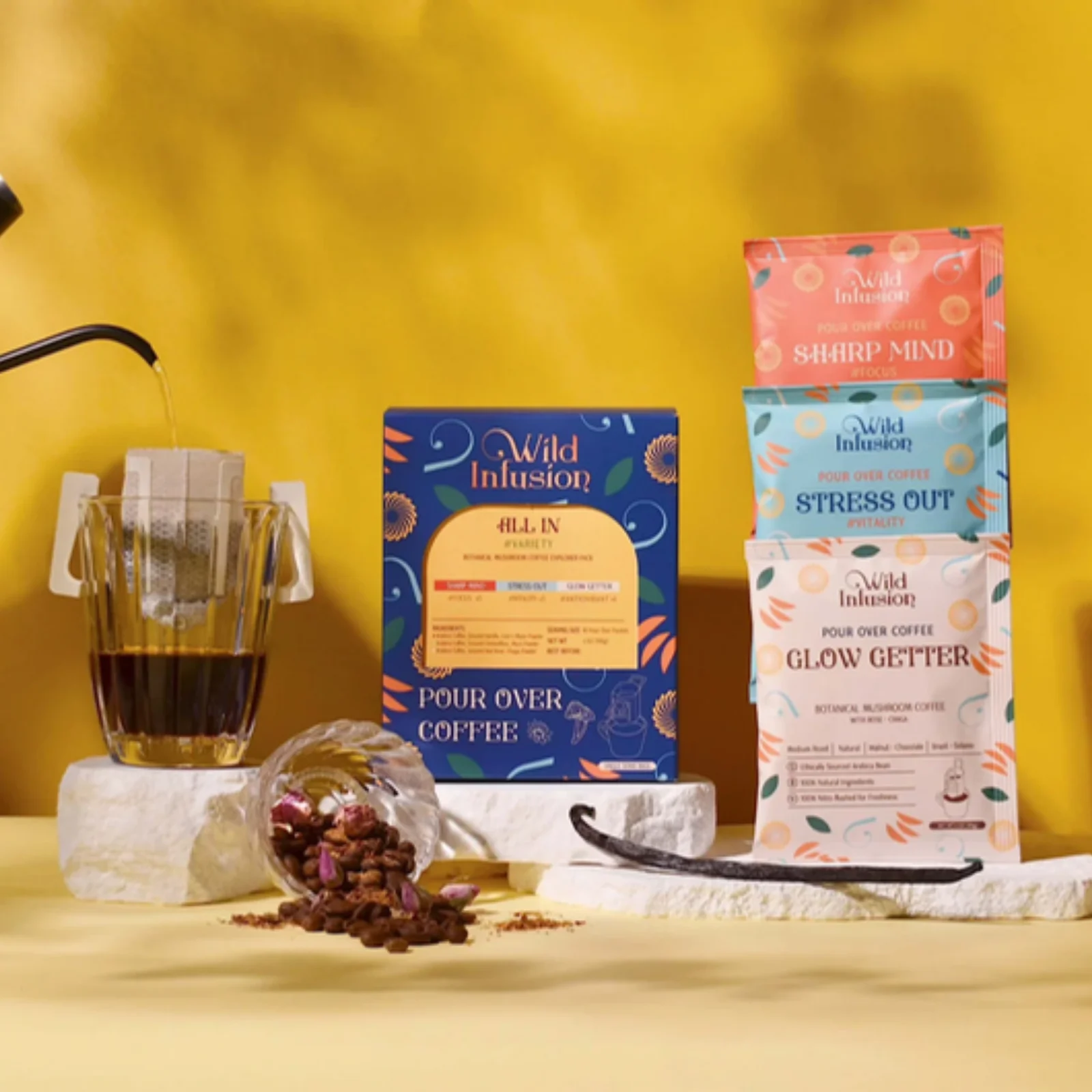 Wild Infusion Coffee pour-over packets and boxes in Sharp Mind, Stress Out, and Glow Getter blends